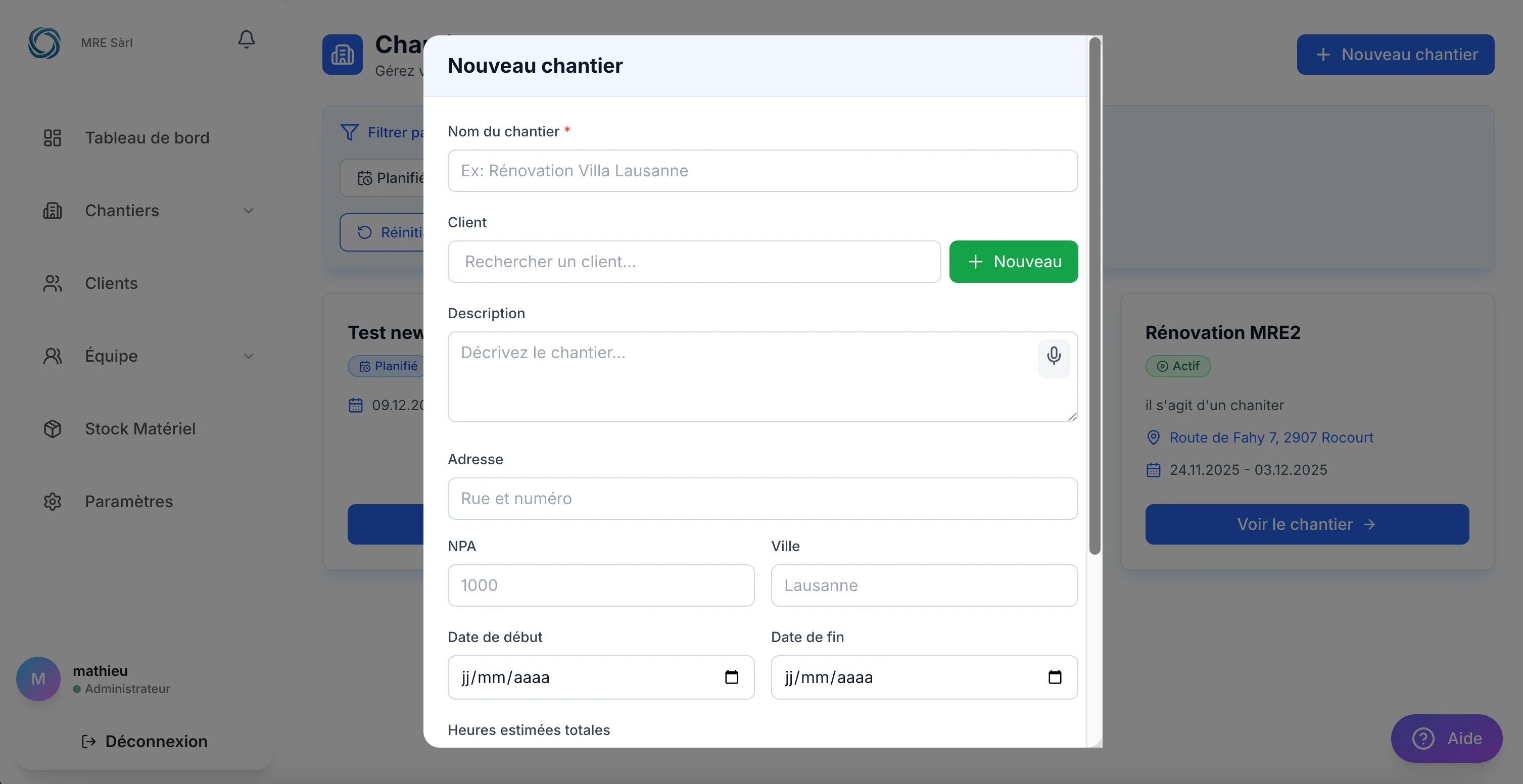 Création de projet dans Operom