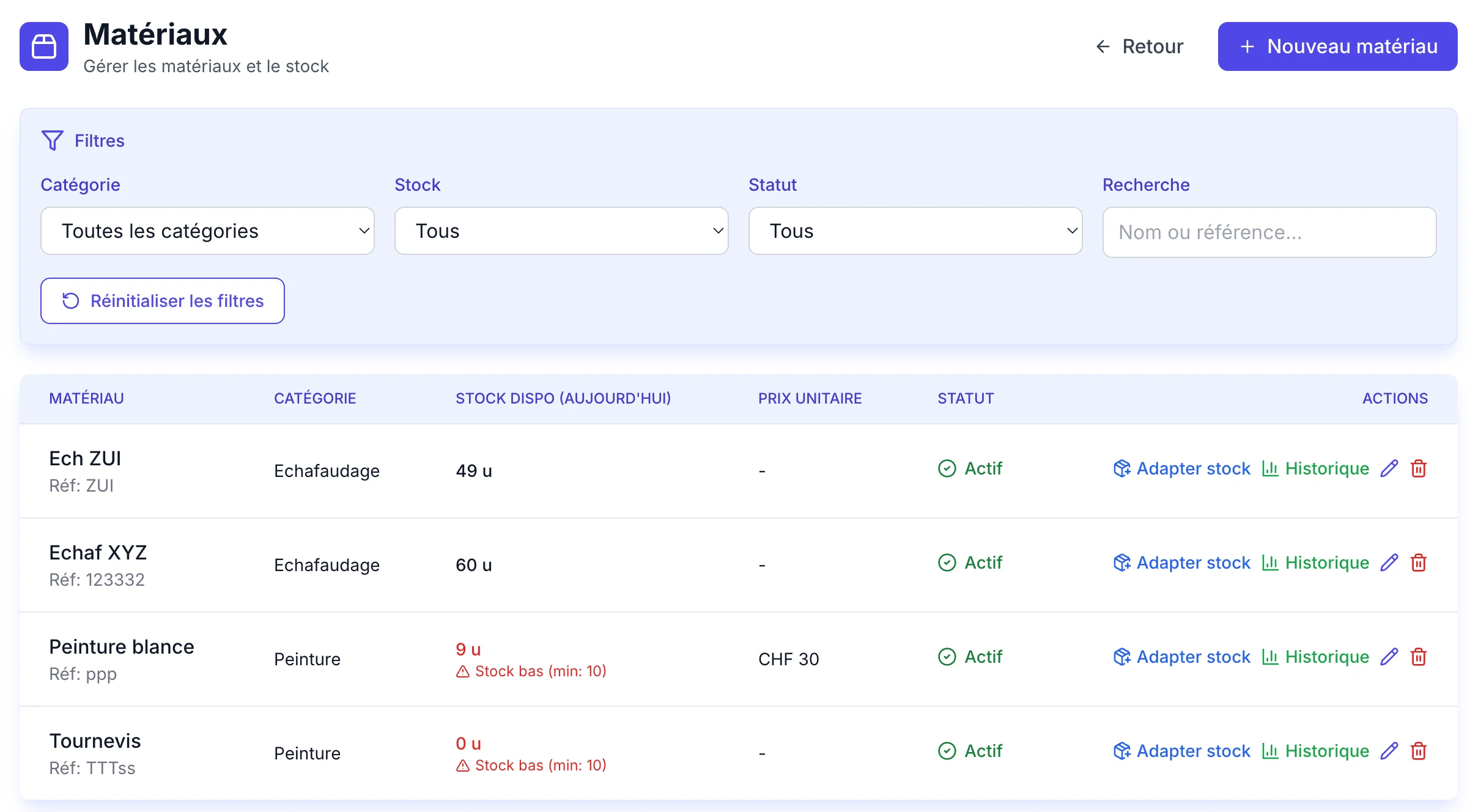 Liste de stock dans Operom